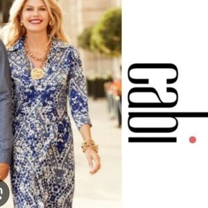 Cabi  ‘Jewel’ print button up shirt dress
Style #422, size XS
Blue/tan/cream